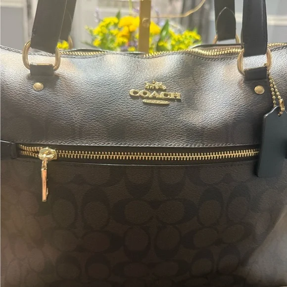 Coach Signature Large City Zip Tote Bag Brown Black Gold Hardware - Picture 5 of 15